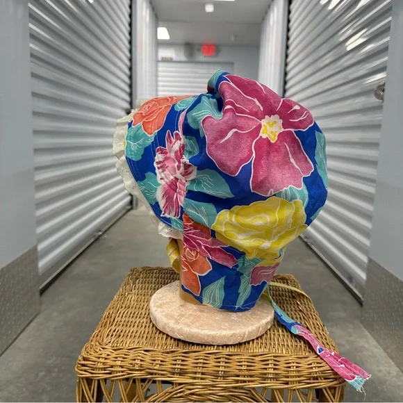 Vintage floral bonnet floral hat tie tropical - Picture 3 of 4